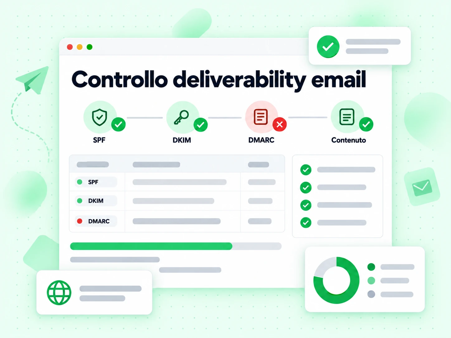 Controllo deliverability email: pipeline SPF, DKIM, DMARC e Contenuto con punti di superato o fail