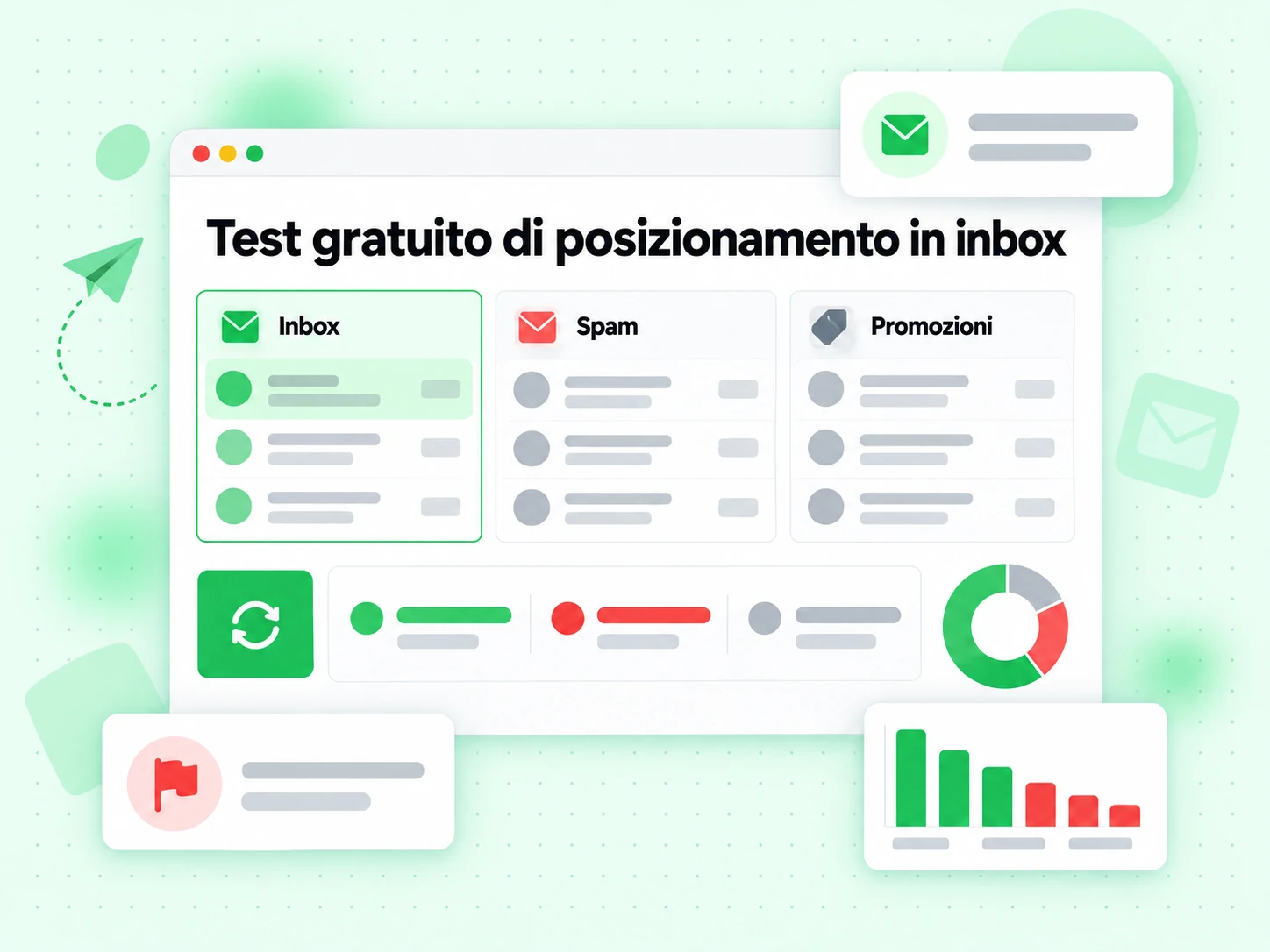 Test gratuito di posizionamento in inbox: inbox simulata con cartelle Inbox, Spam e Promozioni e pulsante di ritest