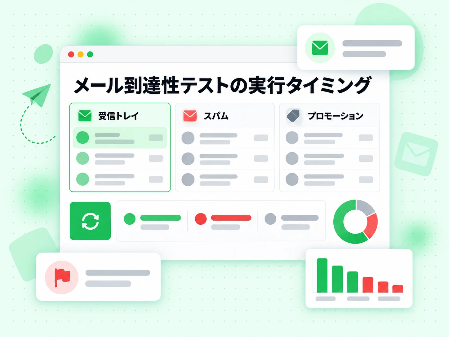 メール到達性テストの実行タイミングでは、受信トレイ、スパム、プロモーションへ着地する様子を描く。