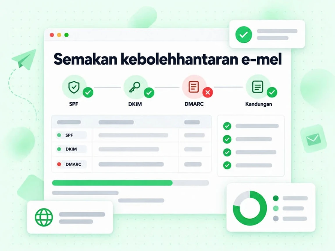 Semakan kebolehhantaran e-mel menjalankan pemeriksaan SPF, DKIM, DMARC dan Kandungan dengan titik lulus.