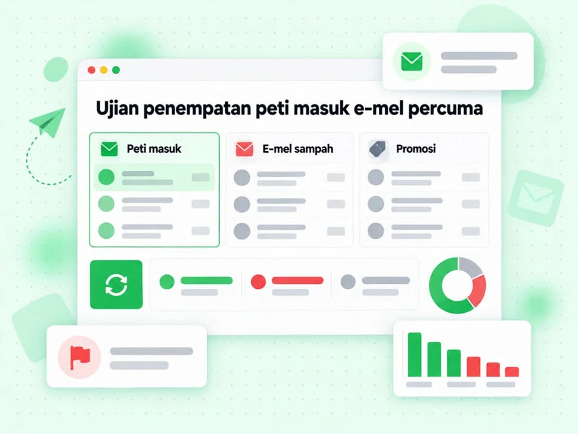 Ujian penempatan peti masuk e-mel percuma menunjukkan mesej mendarat di Peti masuk, E-mel sampah atau Promosi.