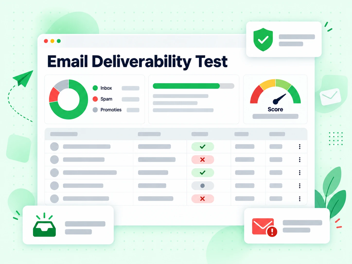 Email Deliverability Test dashboard met inbox-, spam- en promotieplaatsing en een scoremeter