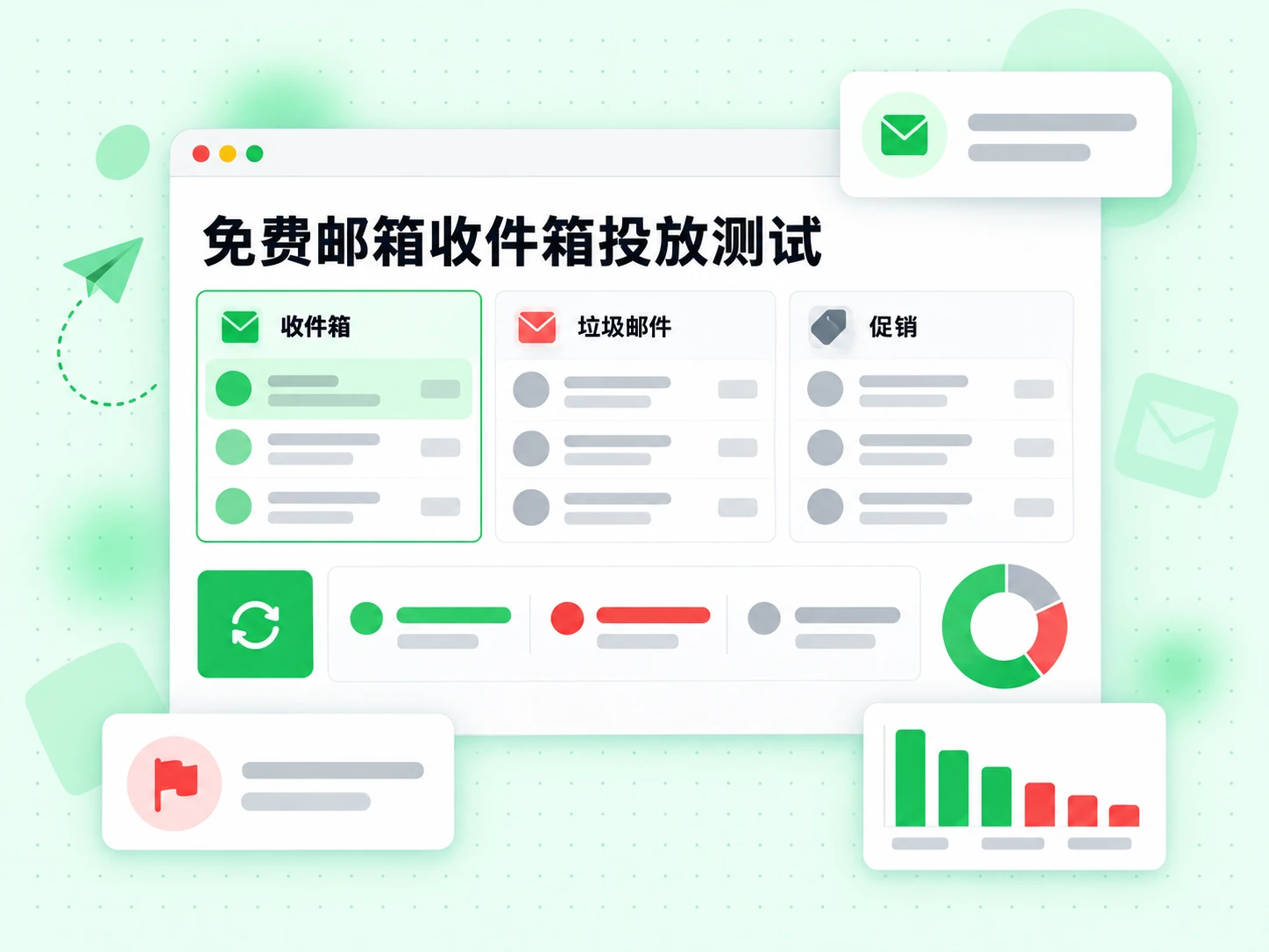 免费邮箱收件箱投放测试展示邮件落在收件箱、垃圾邮件或促销分类的分布情况
