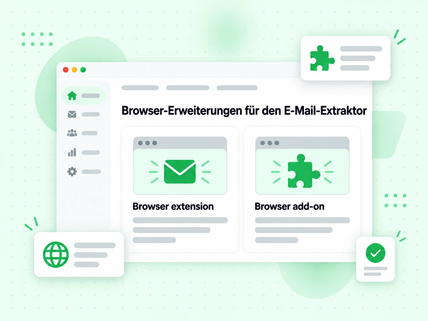 Browser-Erweiterungen für den E-Mail-Extraktor erscheinen als Karte für die Erweiterung und als Add-on-Karte.