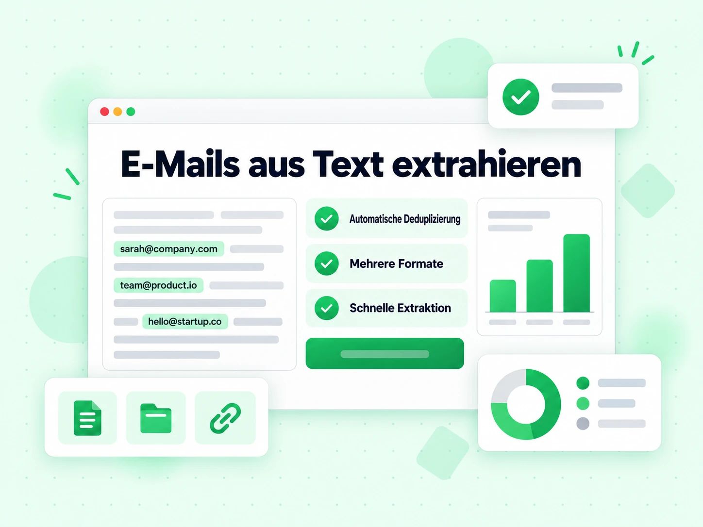E-Mails aus Text extrahieren zeigt Automatische Deduplizierung, Mehrere Formate und Schnelle Extraktion.