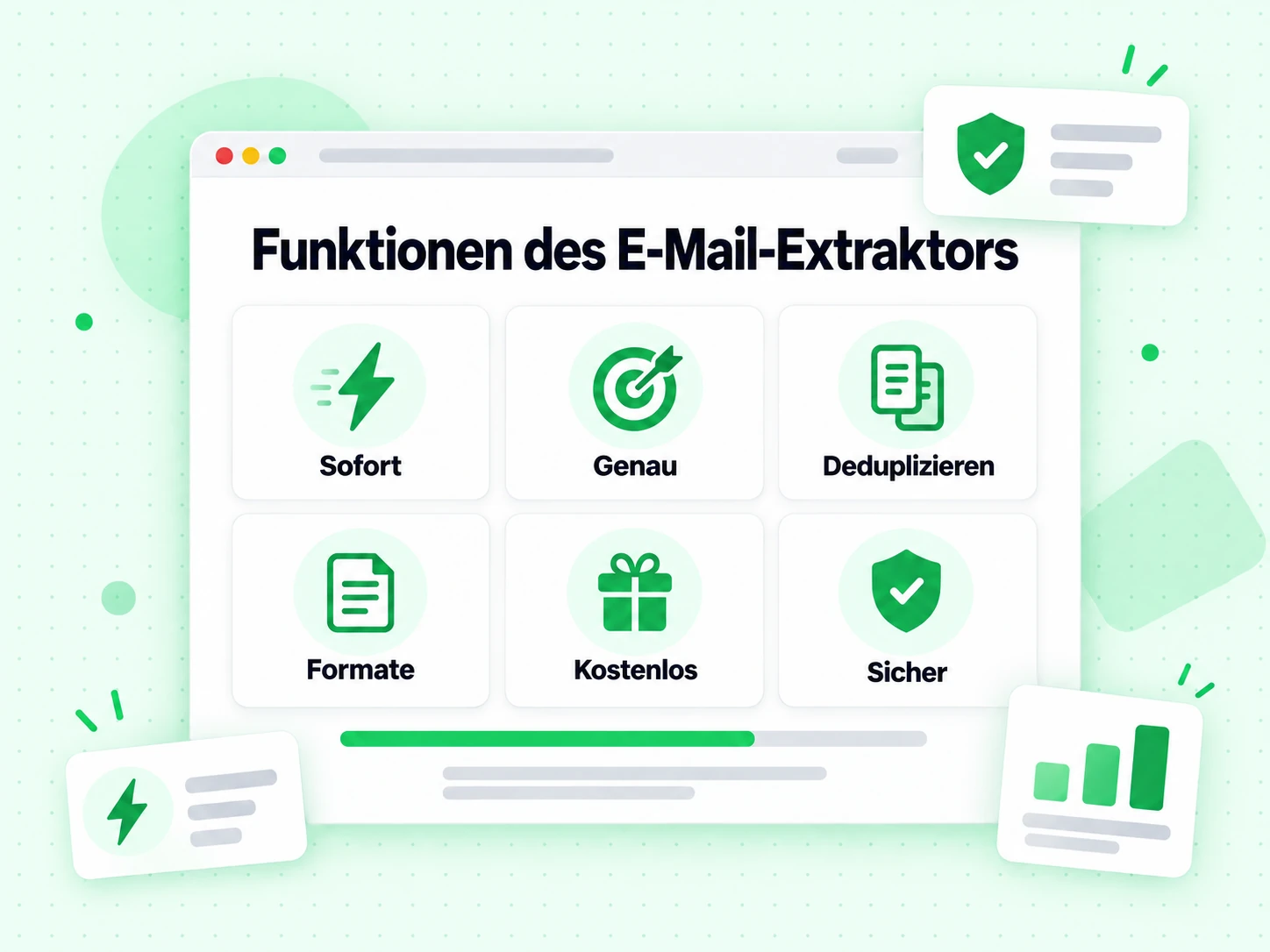 Funktionen des E-Mail-Extraktors nennen Sofort, Genau, Deduplizieren, Formate, Kostenlos und Sicher.