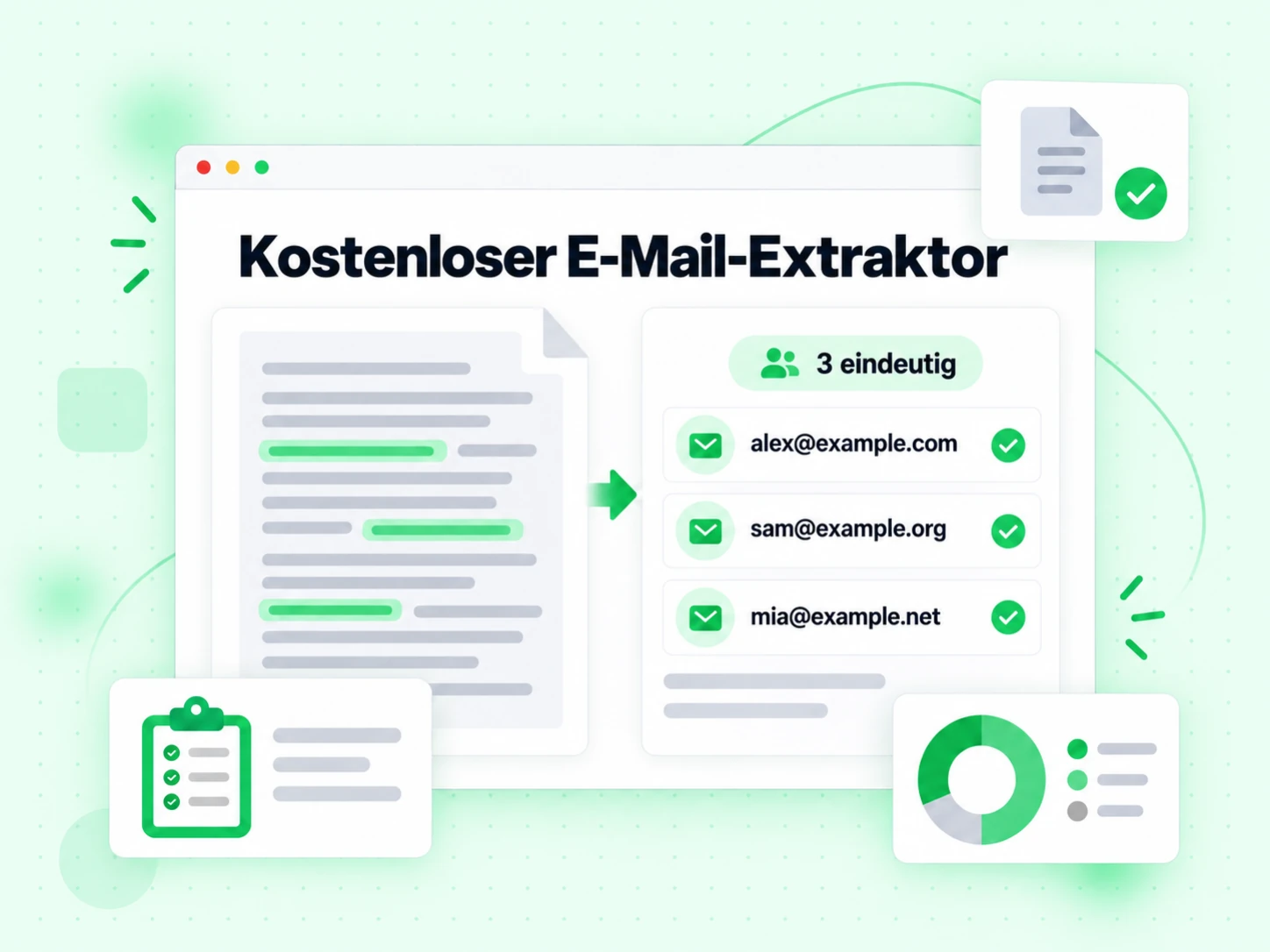Kostenloser E-Mail-Extraktor zieht Adressen aus eingefügtem Text und einer Datei und zeigt 3 eindeutig.
