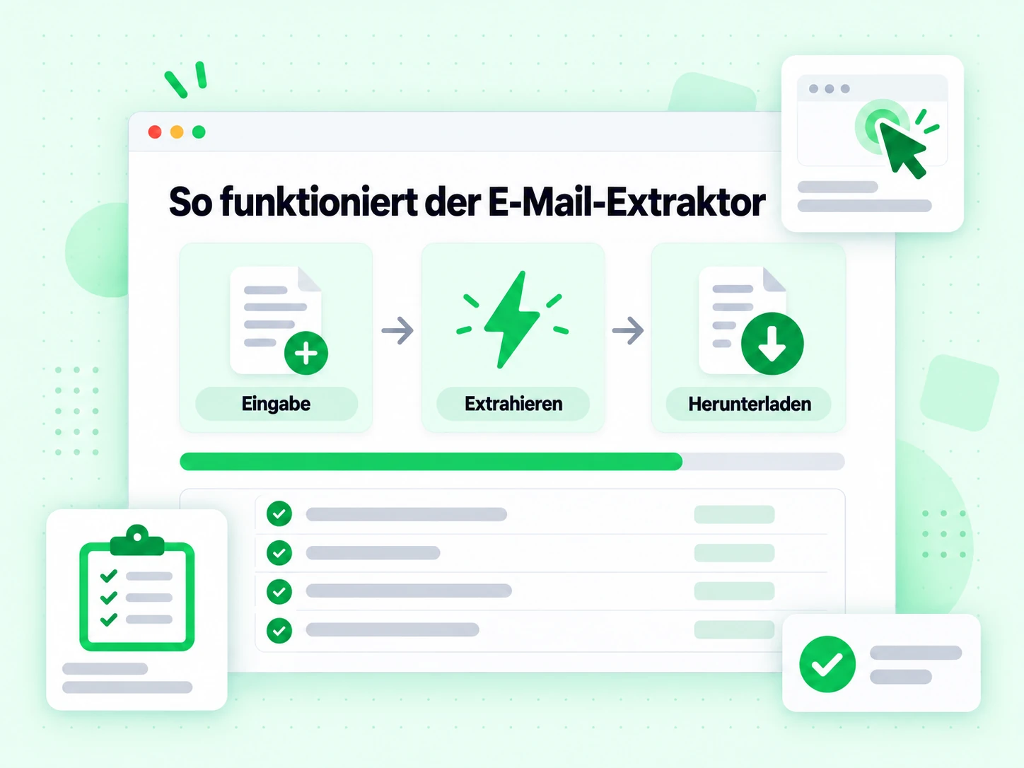 So funktioniert der E-Mail-Extraktor über die Stufen Eingabe, Extrahieren und Herunterladen.