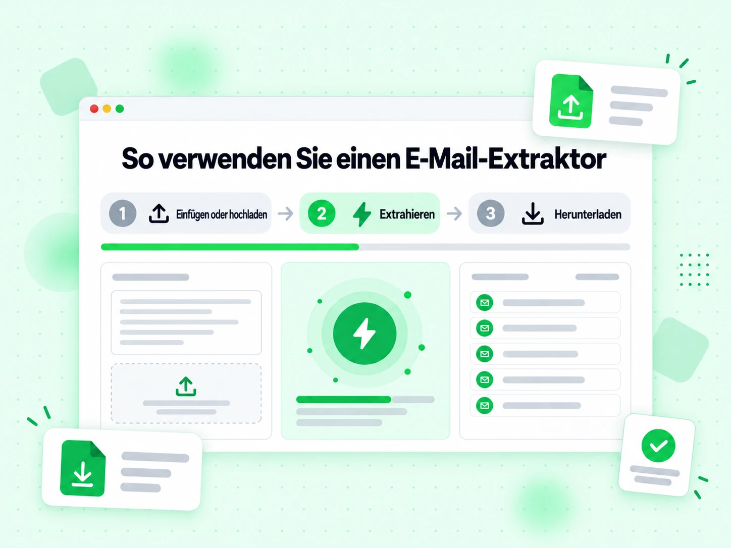 So verwenden Sie einen E-Mail-Extraktor: Einfügen oder hochladen, Extrahieren und Herunterladen.
