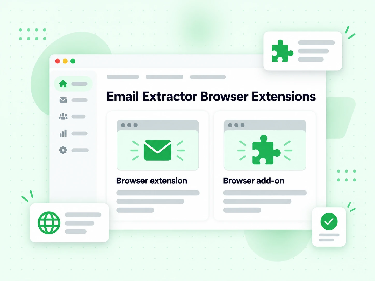 Email Extractor Browser Extensions shown as a browser extension card and a browser add-on card