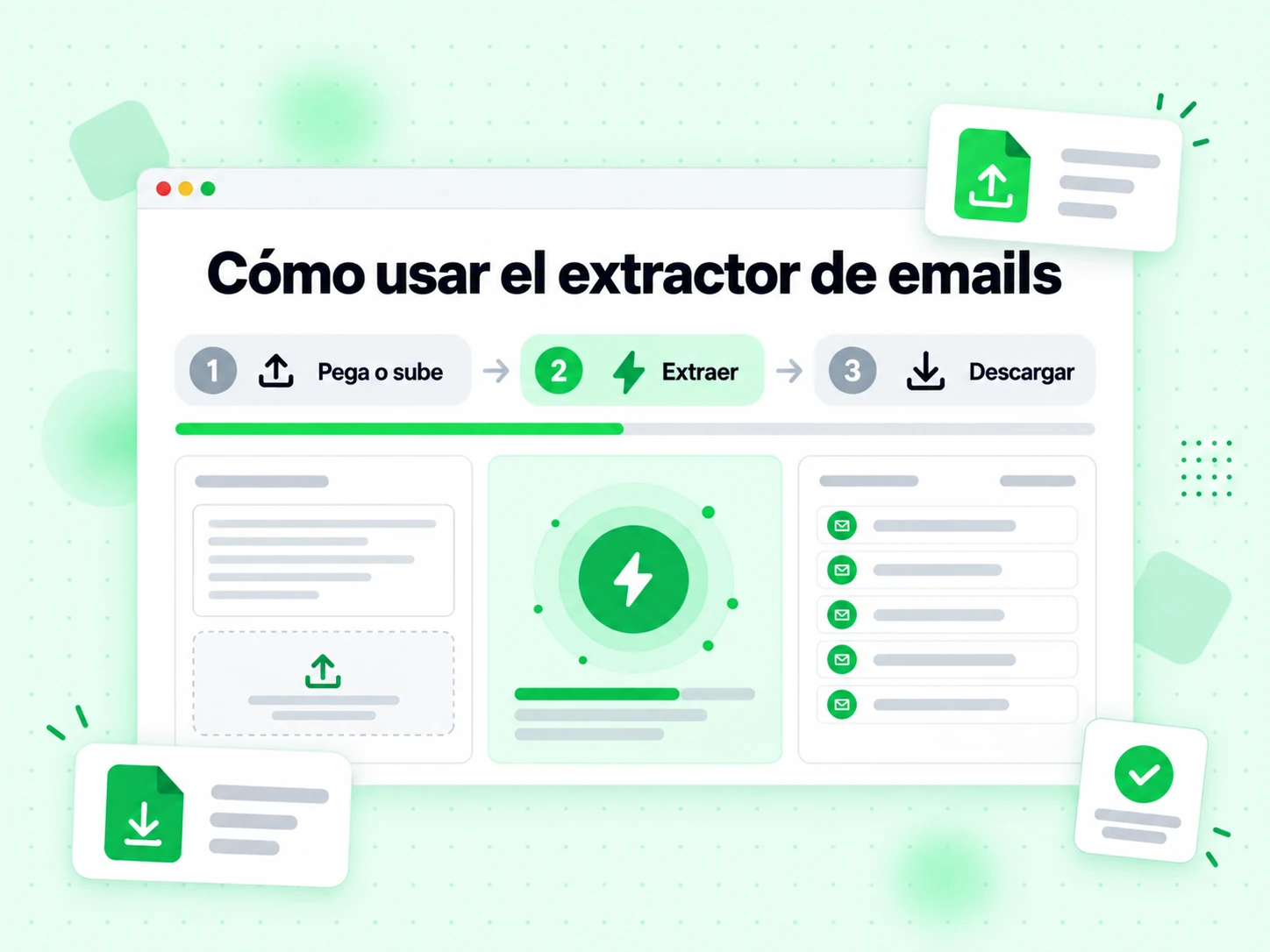 Cómo usar el extractor de emails en tres pasos: Pega o sube el texto, Extraer y Descargar