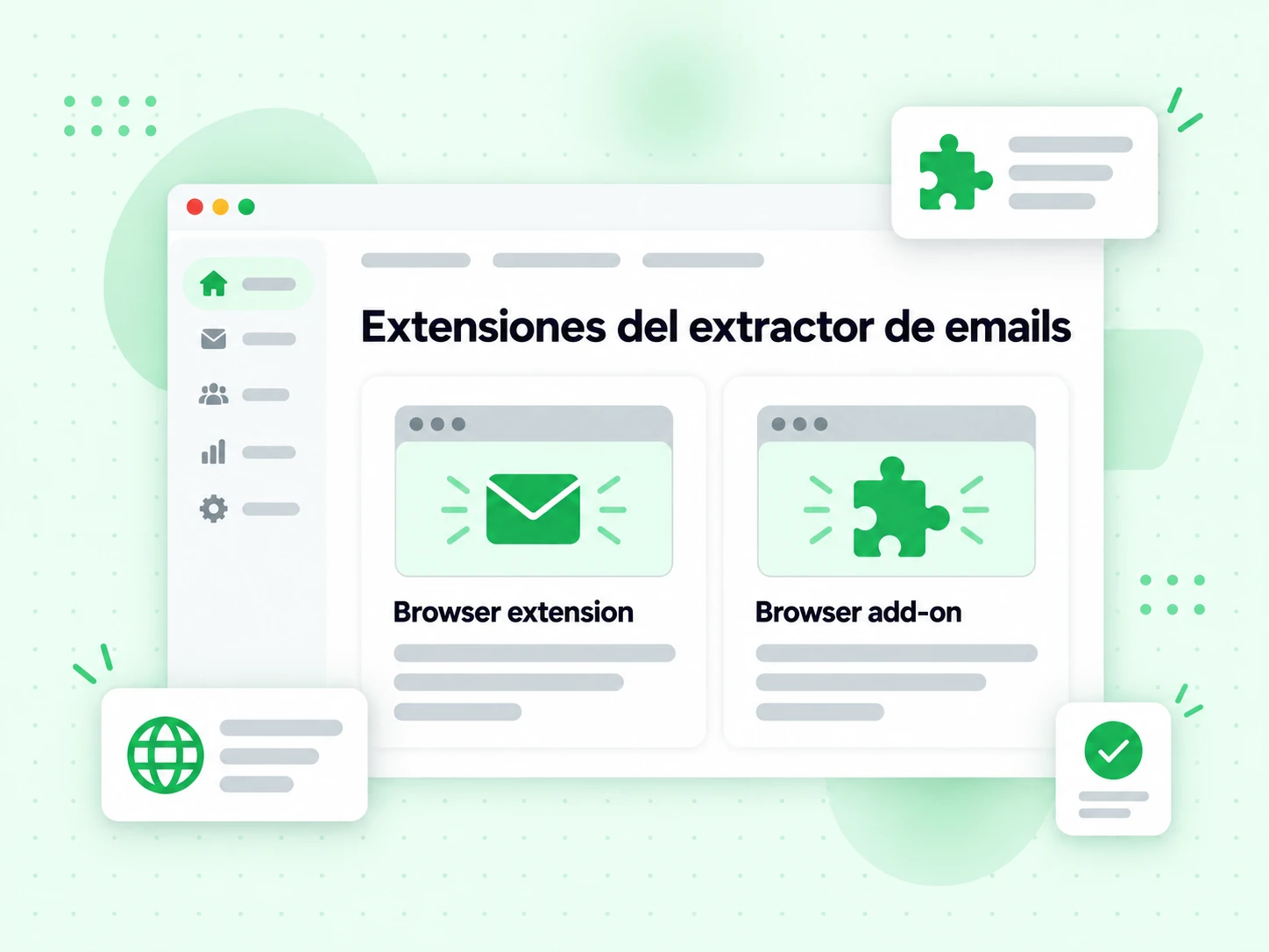 Extensiones del extractor de emails mostradas como una tarjeta de extensión de navegador y otra de complemento