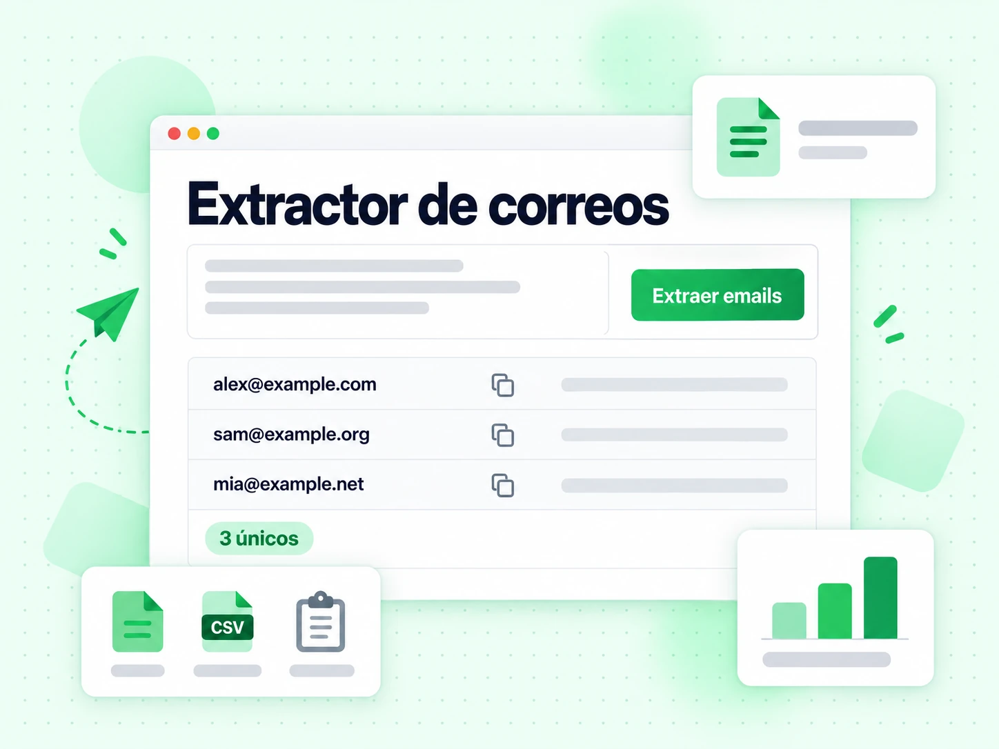 Extractor de correos con texto pegado y tres direcciones de email extraídas, marcadas 3 únicos
