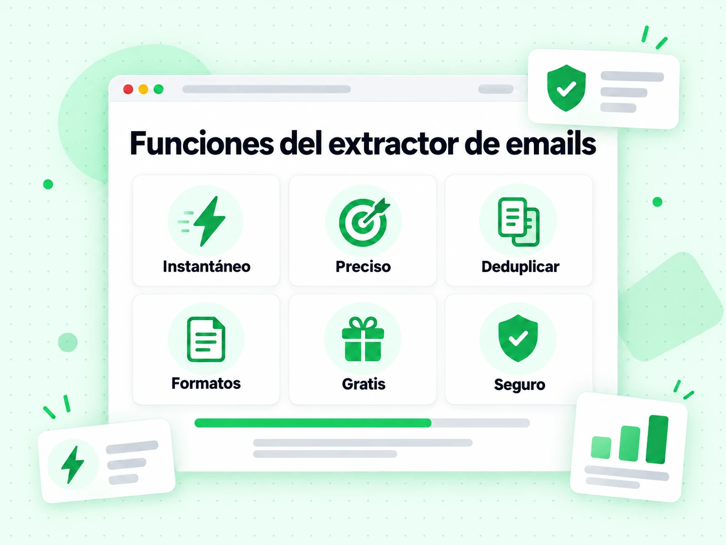 Funciones del extractor de emails: extracción Instantáneo, Preciso, con Deduplicar, varios Formatos y Seguro