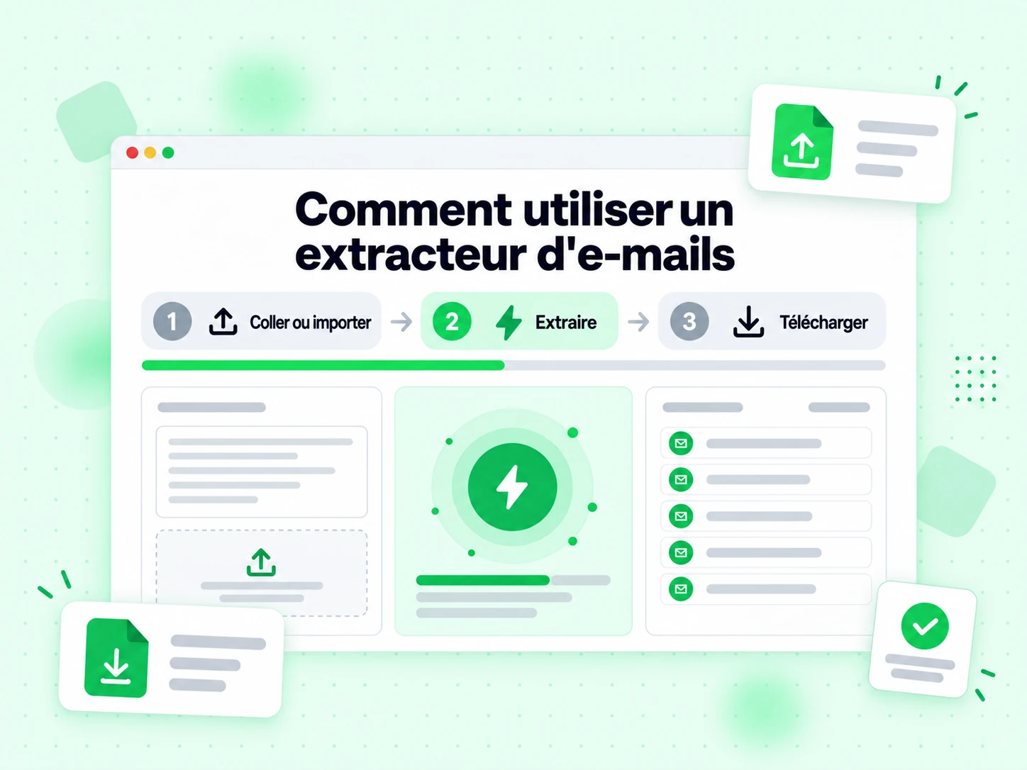 Comment utiliser un extracteur d'e-mails : interface avec Coller ou importer, Extraire, Télécharger, Si5), bDtpJ'$9
