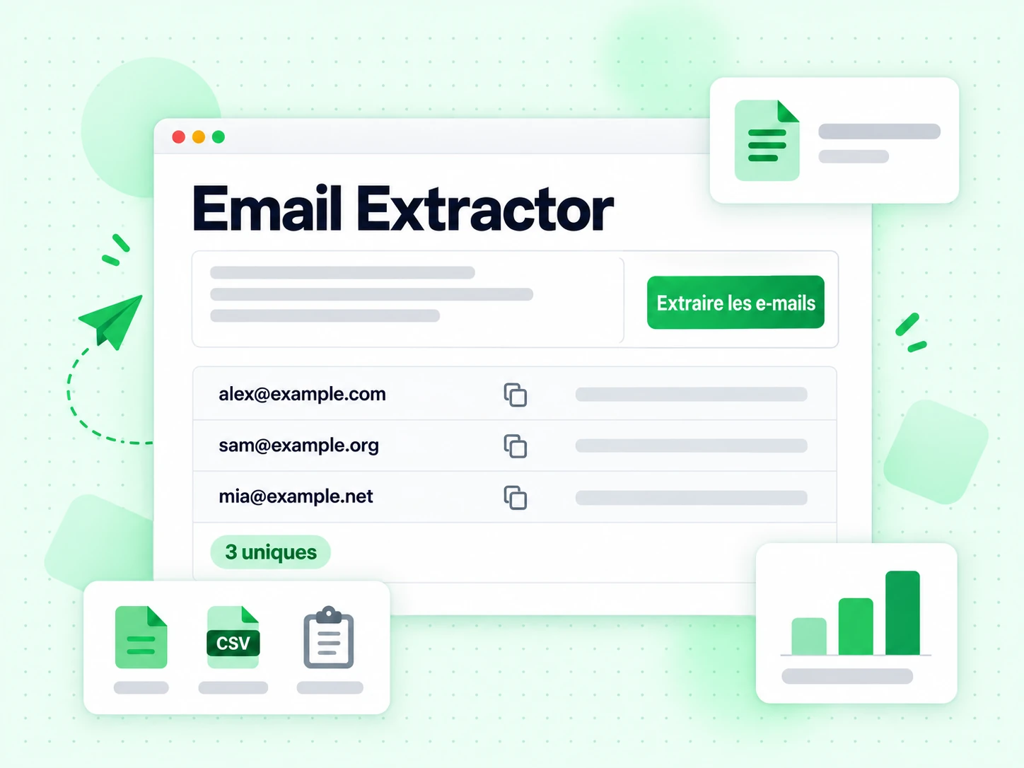 Email Extractor : interface avec Extraire les e-mails, 3 uniques, -[3v, Gryum;[
ʉN:, `n0