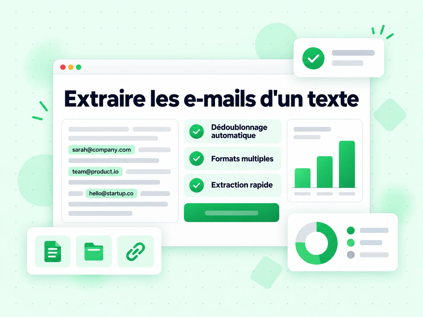 Extraire les e-mails d'un texte : interface avec Dédoublonnage automatique, Formats multiples, Extraction rapide, )[