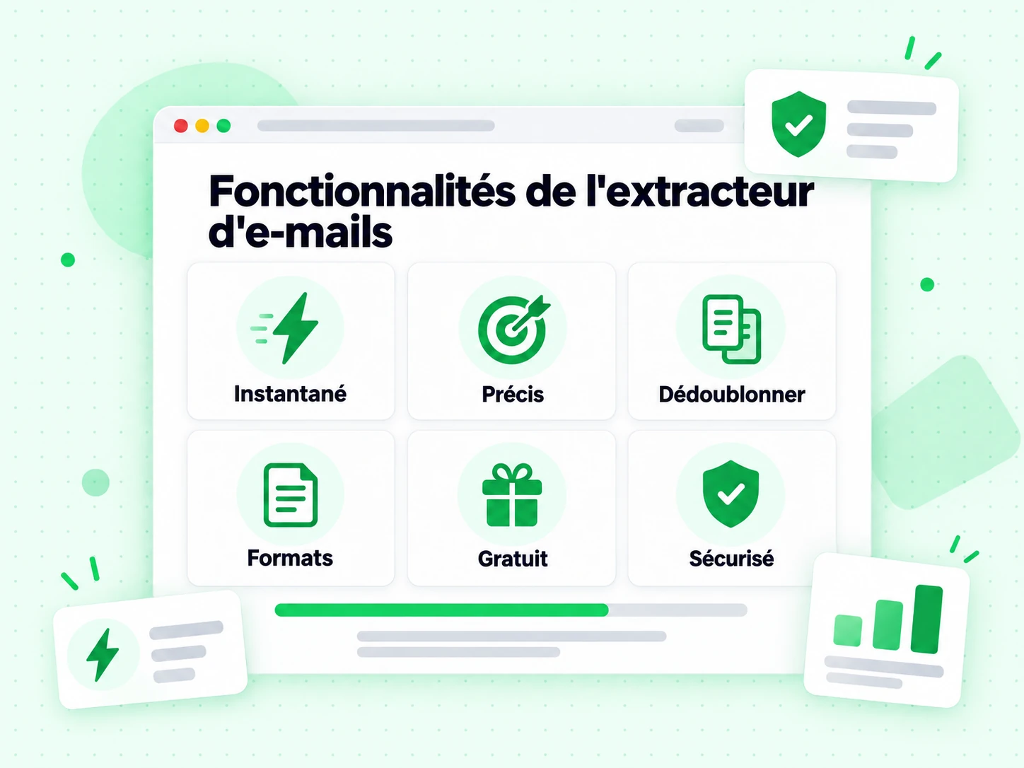 Fonctionnalités de l'extracteur d'e-mails : interface avec Instantané, Précis, Dédoublonner, Formats, Gratuit