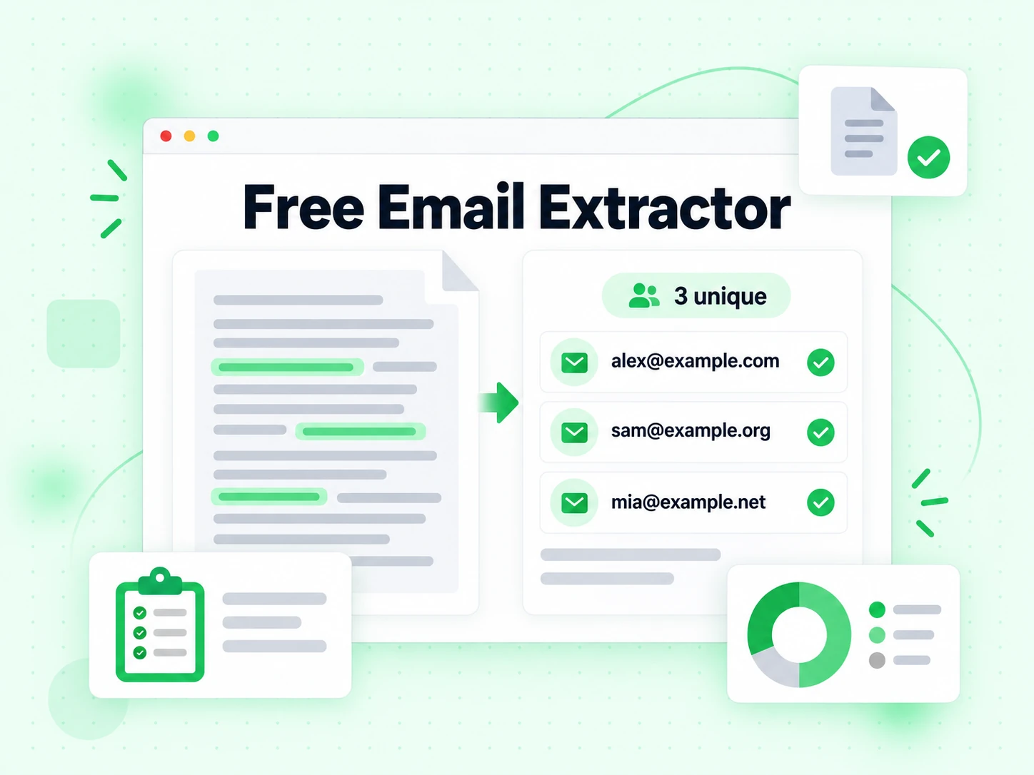 Free Email Extractor pulling addresses out of pasted text and an uploaded file