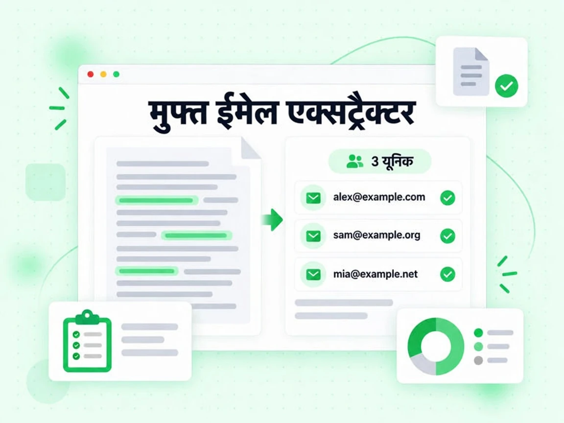 मुफ़्त ईमेल एक्सट्रैक्टर पेस्ट किए टेक्स्ट और अपलोड की गई फ़ाइल से पते निकालता है