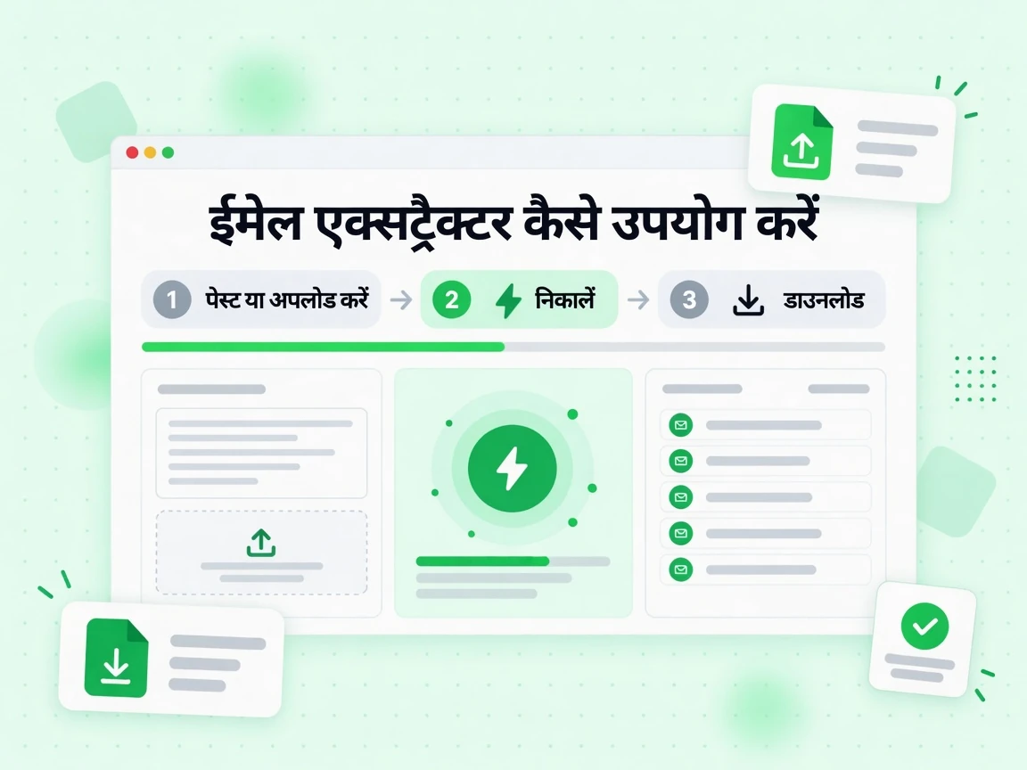 ईमेल एक्सट्रैक्टर कैसे उपयोग करें तीन चरणों में: पेस्ट या अपलोड करें, निकालें, डाउनलोड करें