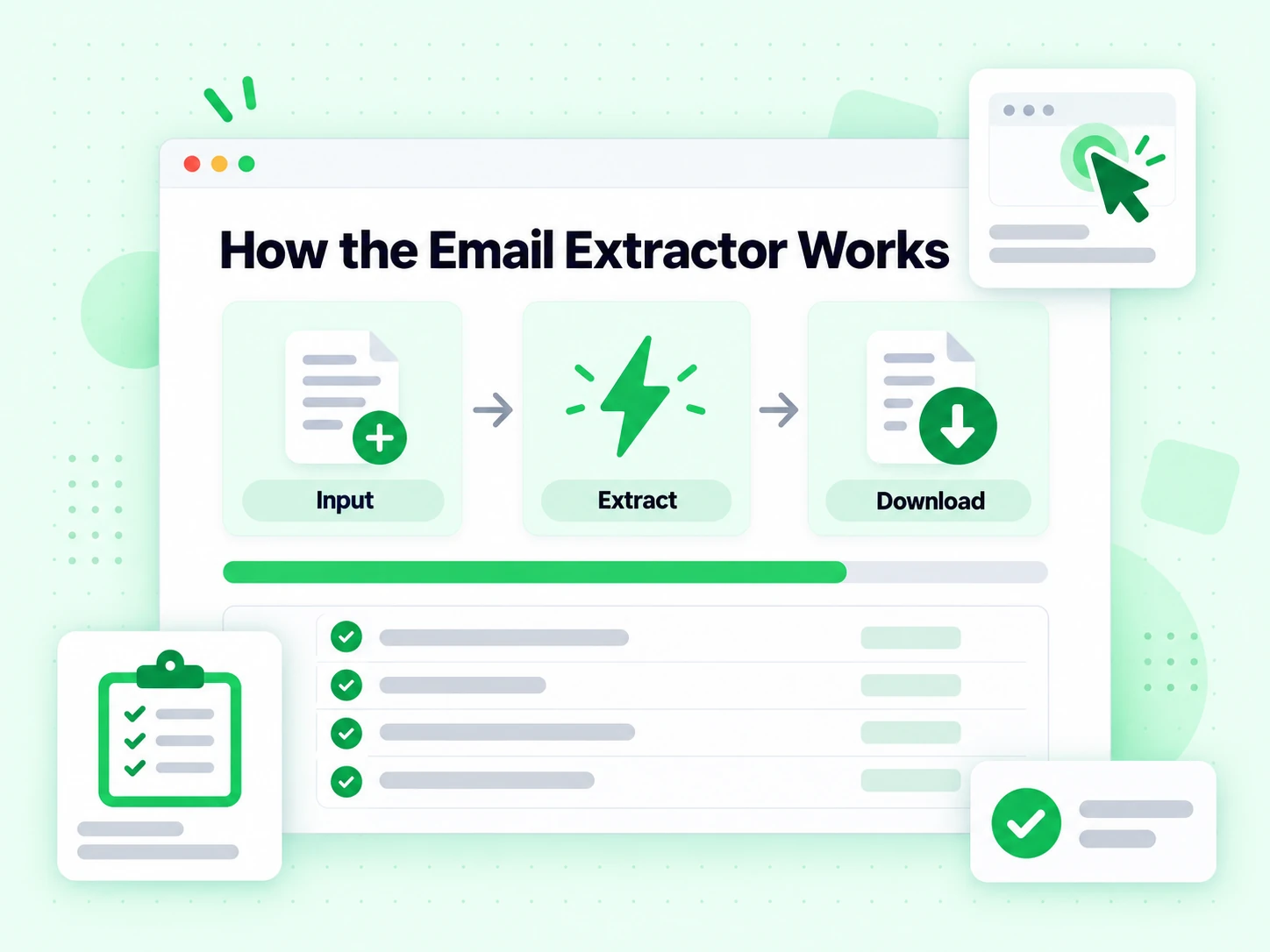 How the Email Extractor Works in input, extract, and download stages