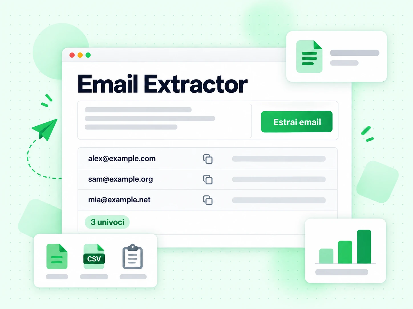 Email Extractor: area di input con testo incollato e tre indirizzi email estratti