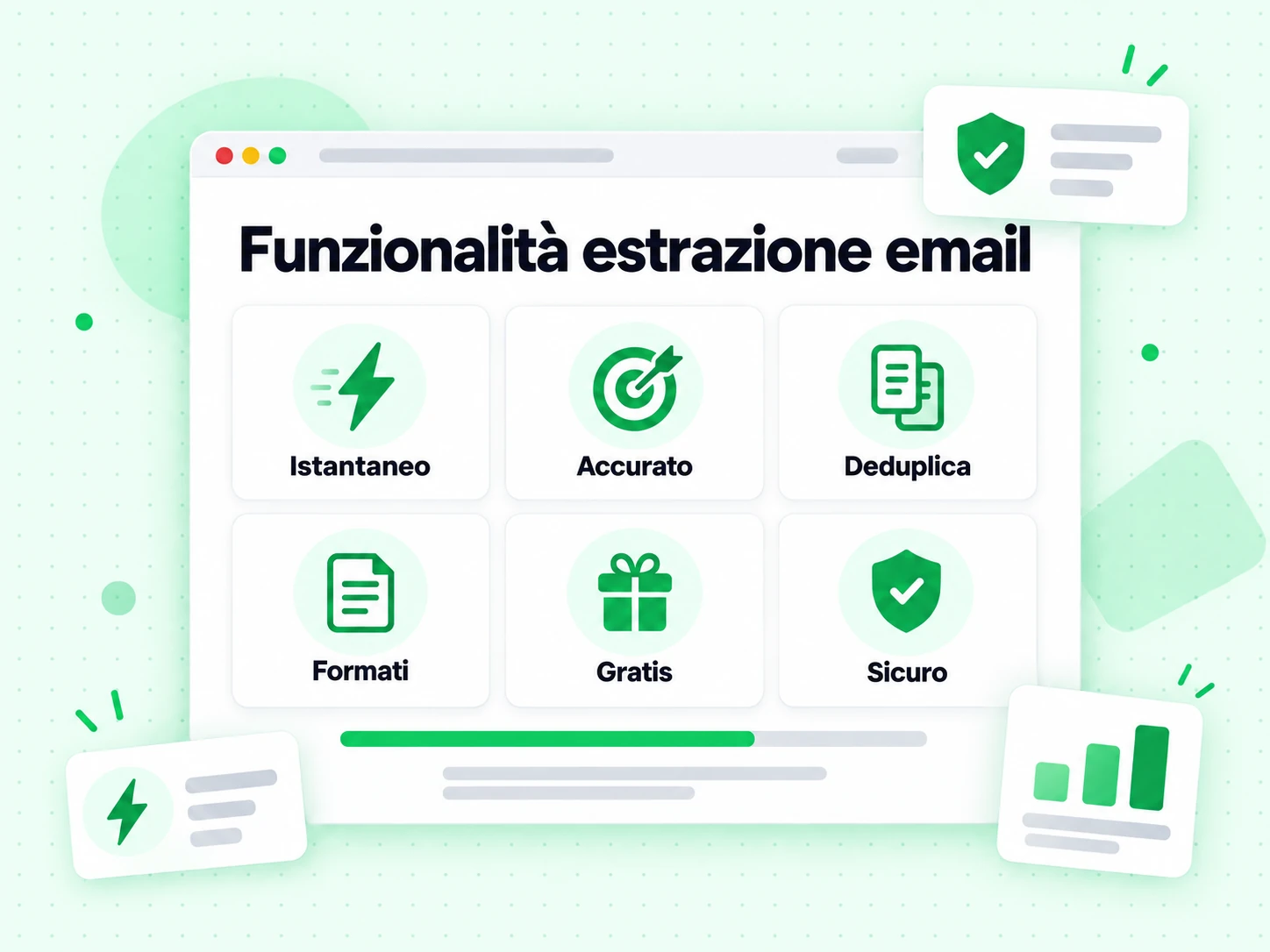 Funzionalità estrazione email: estrazione istantanea, precisione, deduplica, formati e sicurezza