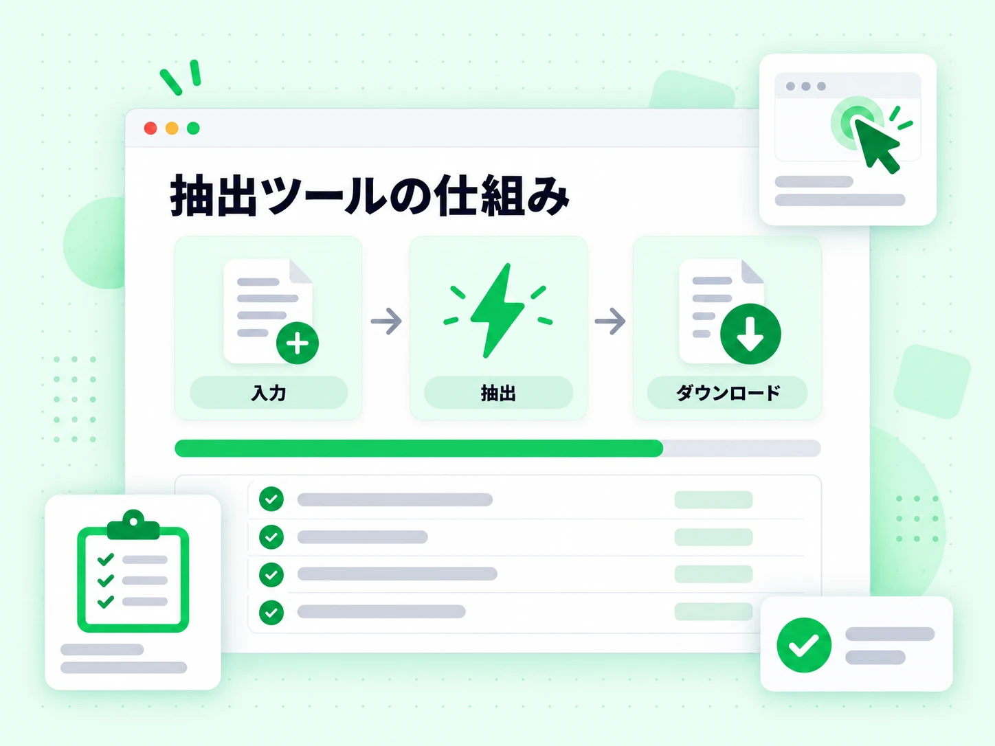 抽出ツールの仕組みを、入力、抽出、ダウンロードの段階で示す。
