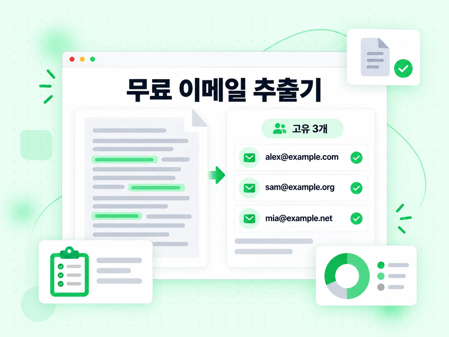무료 이메일 추출기가 붙여넣은 텍스트와 업로드한 파일에서 주소를 뽑아낸다