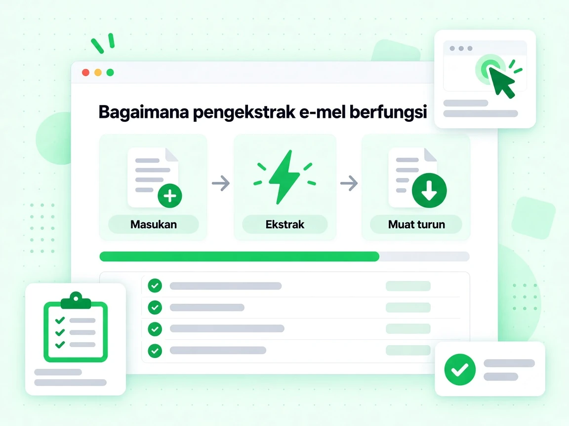 Bagaimana pengekstrak e-mel berfungsi melalui peringkat Masukan, Ekstrak dan Muat turun.
