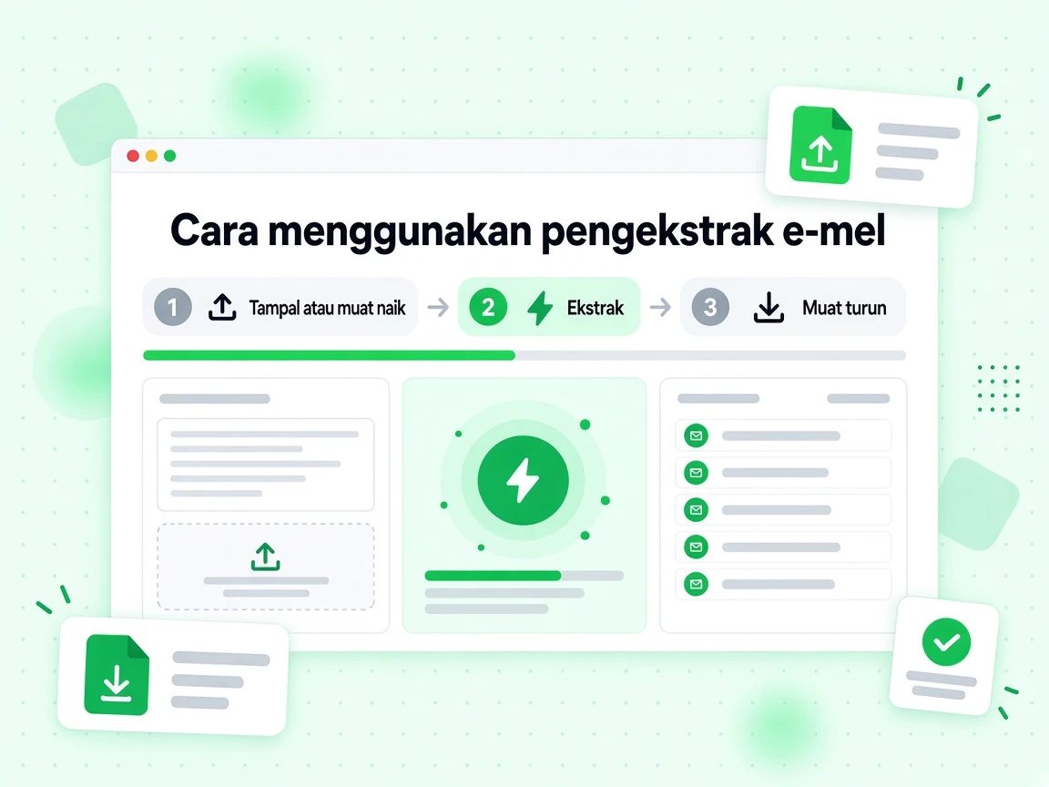 Cara menggunakan pengekstrak e-mel dalam tiga langkah: Tampal atau muat naik, Ekstrak, Muat turun.
