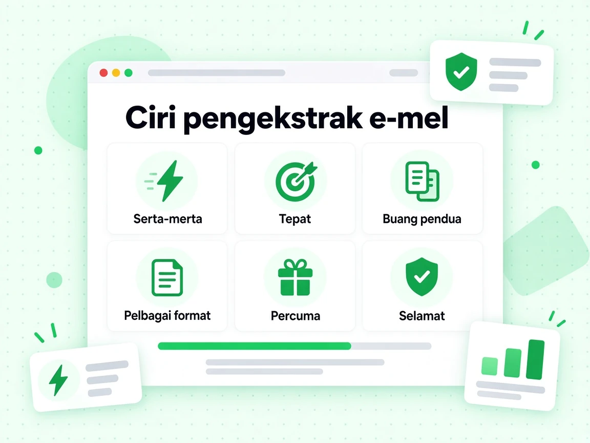 Ciri pengekstrak e-mel: serta-merta, Tepat, Buang pendua, Pelbagai format, Percuma dan Selamat.