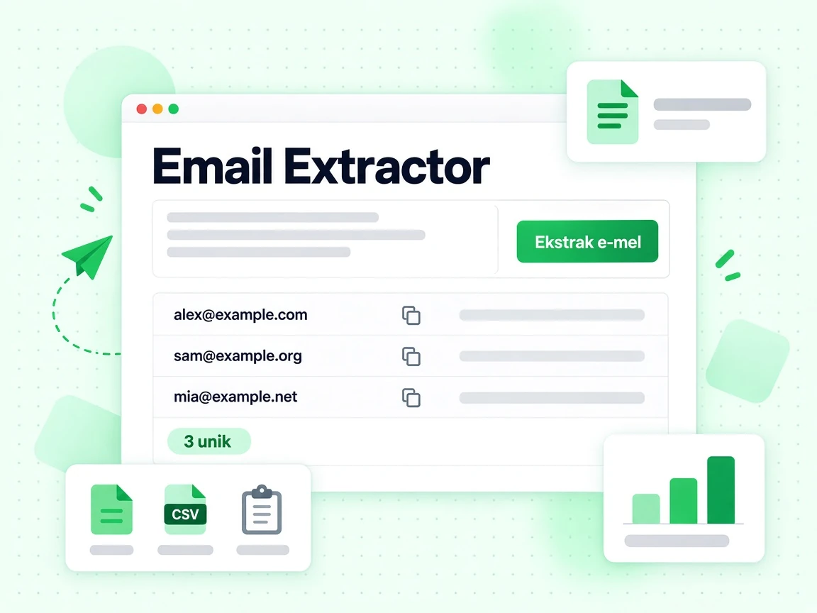 Email Extractor dengan kawasan input teks ditampal dan tiga alamat e-mel diekstrak, bertanda 3 unik.
