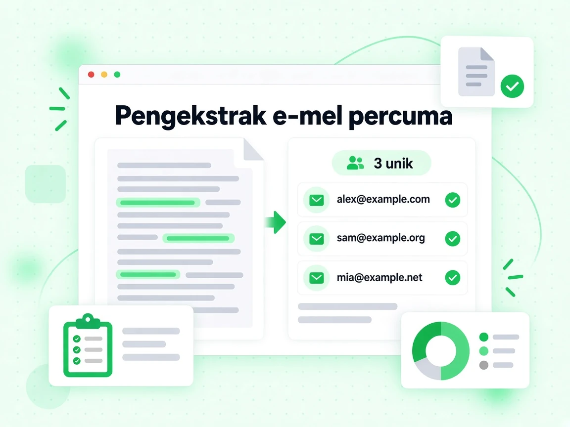 Pengekstrak e-mel percuma menarik alamat daripada teks ditampal dan fail dimuat naik, bertanda 3 unik.