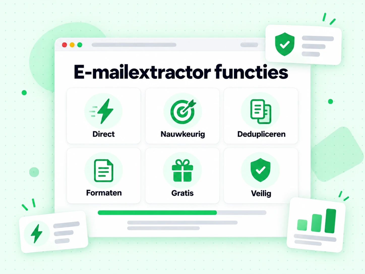 E-mailextractor functies: direct extraheren, nauwkeurigheid, dedupliceren, formaten en beveiliging