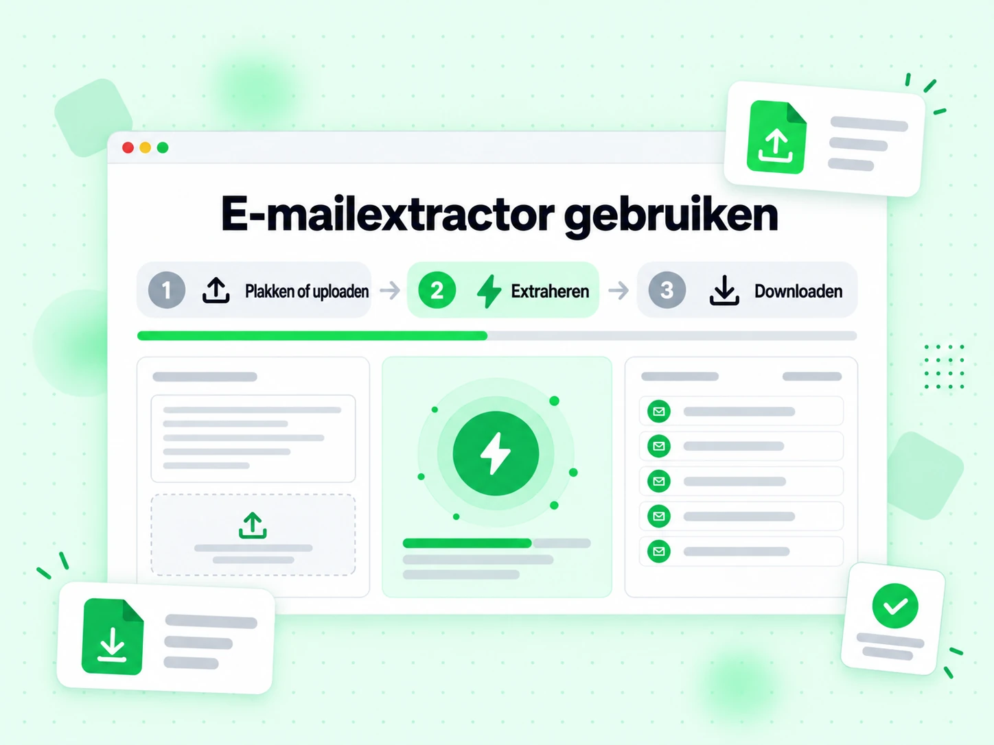 E-mailextractor gebruiken in drie stappen: plakken of uploaden, extraheren, downloaden