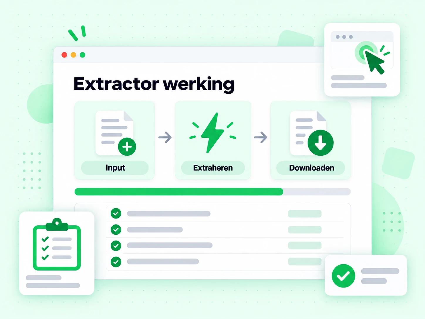 Extractor werking in de fasen invoer, extraheren en downloaden