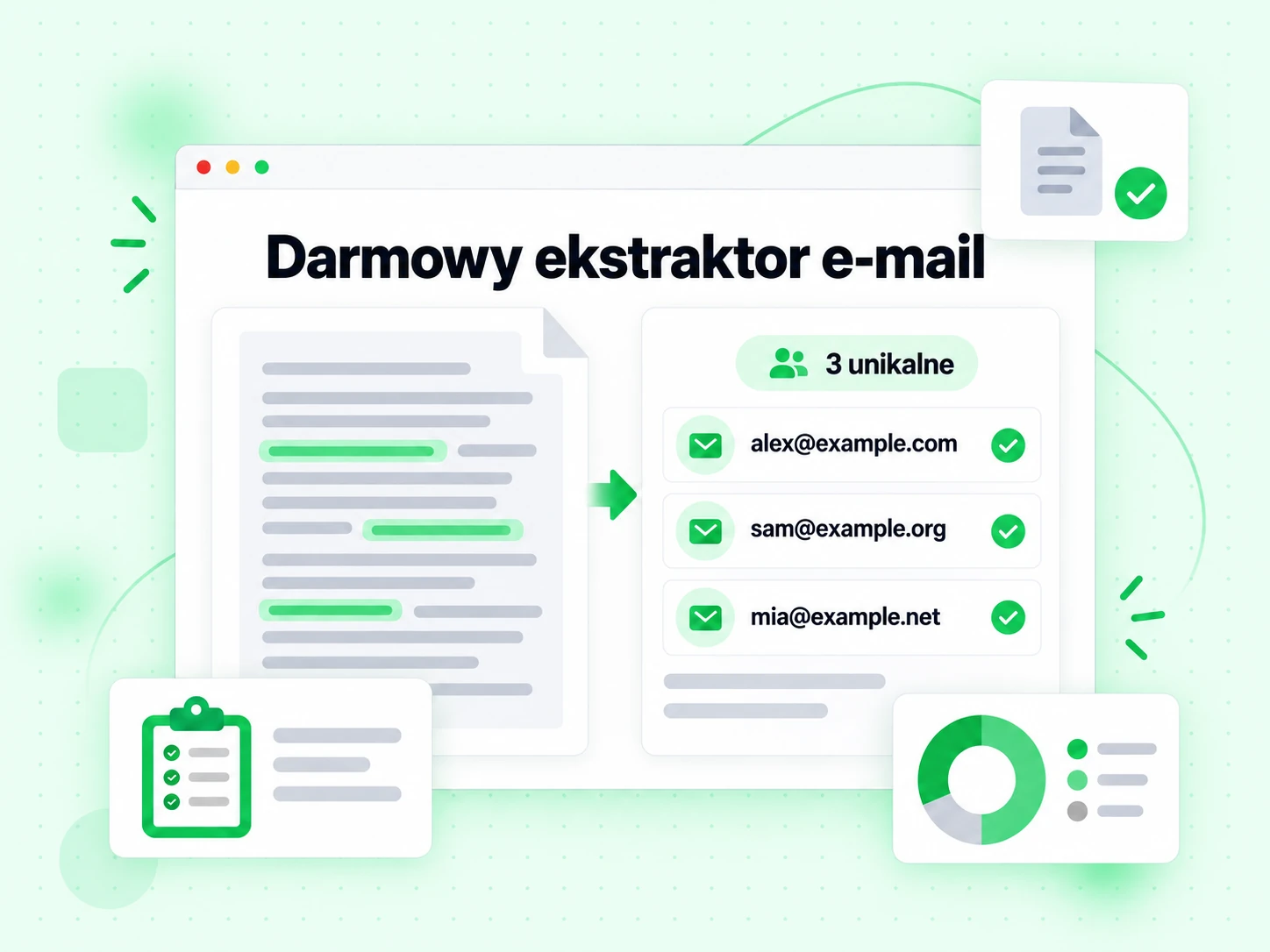 Darmowy ekstraktor e-mail wyciąga adresy z wklejonego tekstu i wgranego pliku