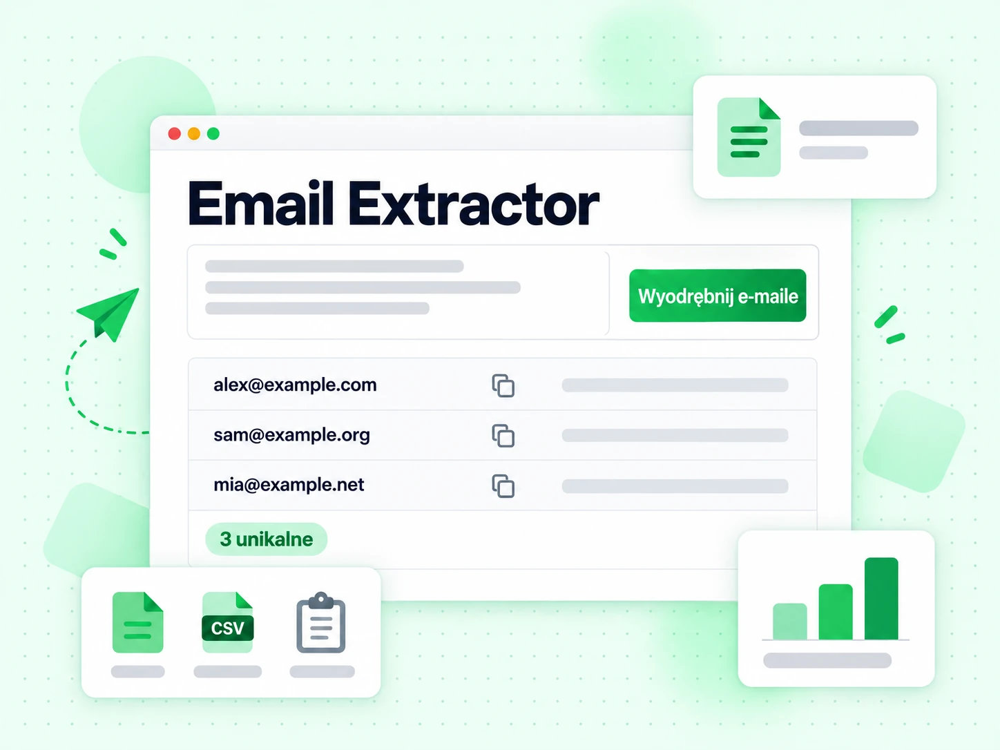 Pole Email Extractor z wklejonym tekstem i trzema wyodrębnionymi adresami e-mail