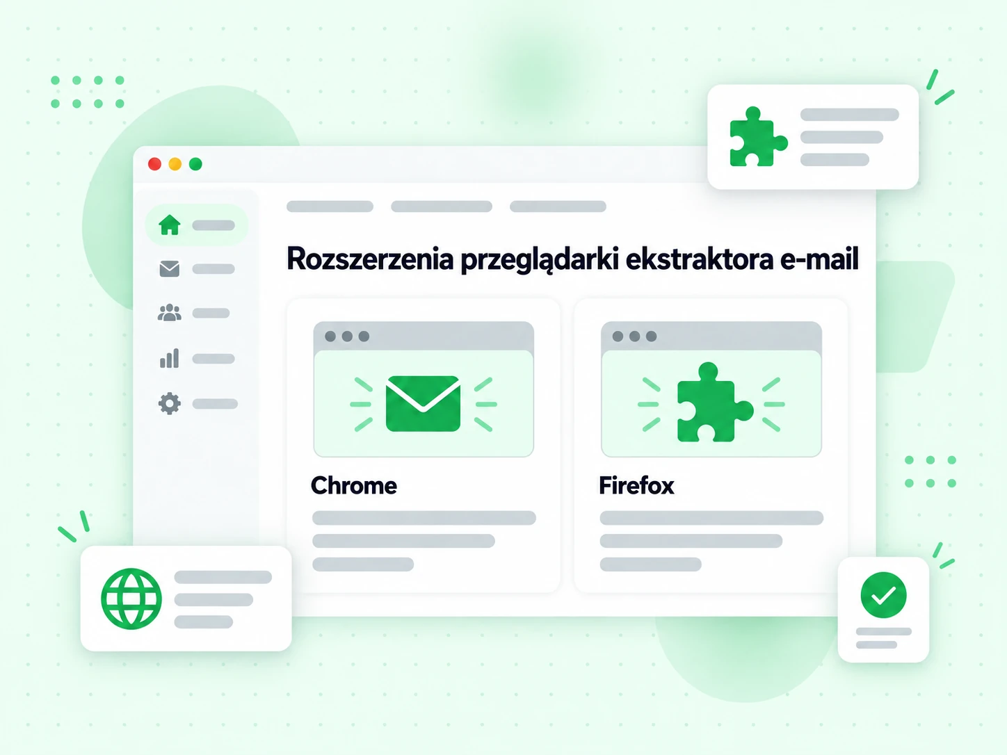Rozszerzenia przeglądarki ekstraktora e-mail pokazane jako karta dla Chrome i karta dla Firefox