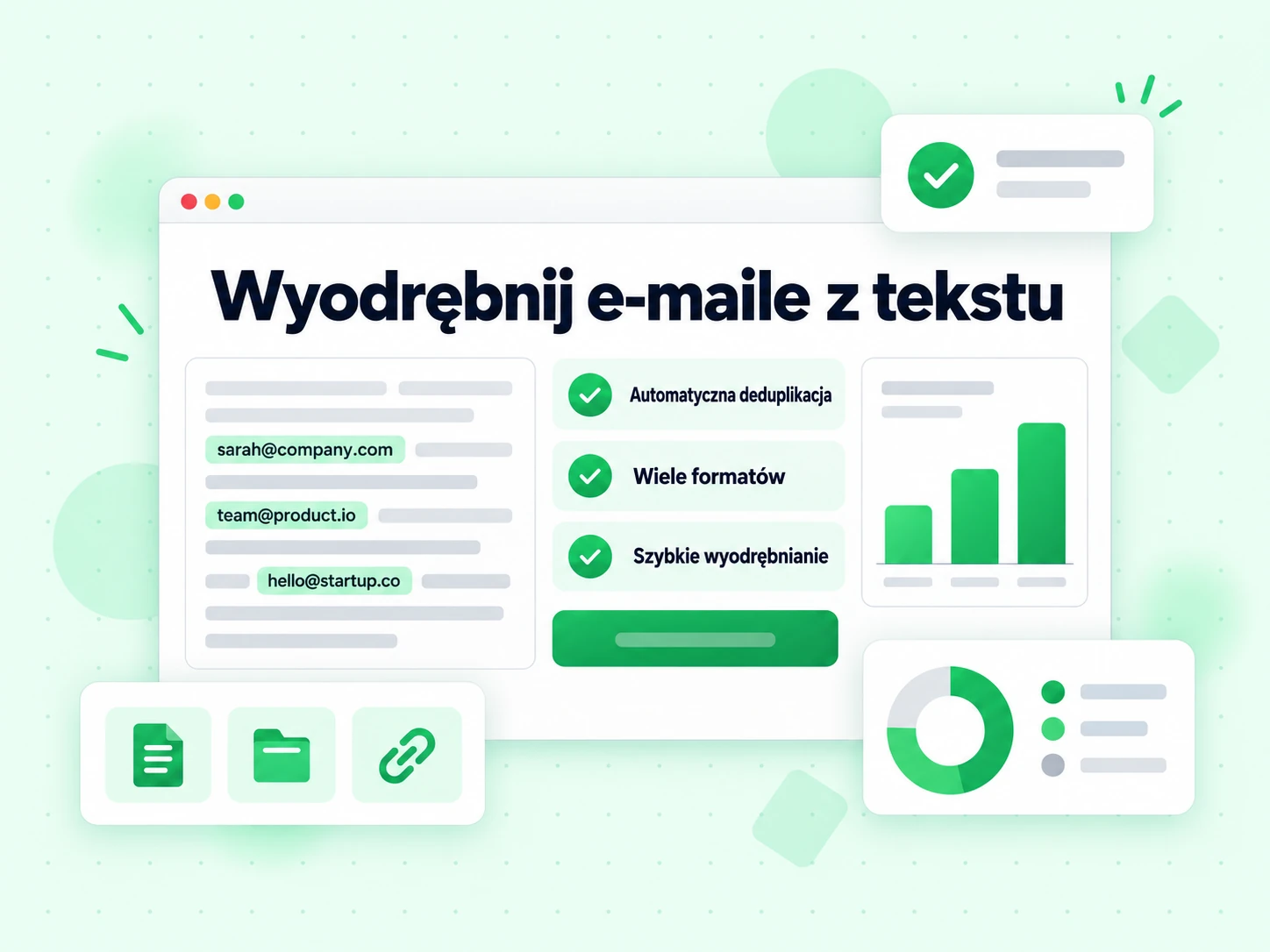 Wyodrębnij e-maile z tekstu z automatyczną deduplikacją i wieloma formatami eksportu