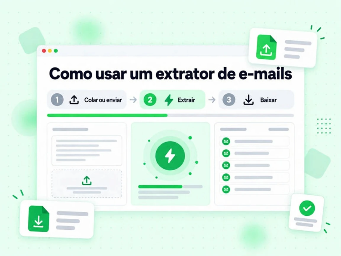 Como usar um extrator de e-mails em três etapas: Colar ou enviar, Extrair e Baixar