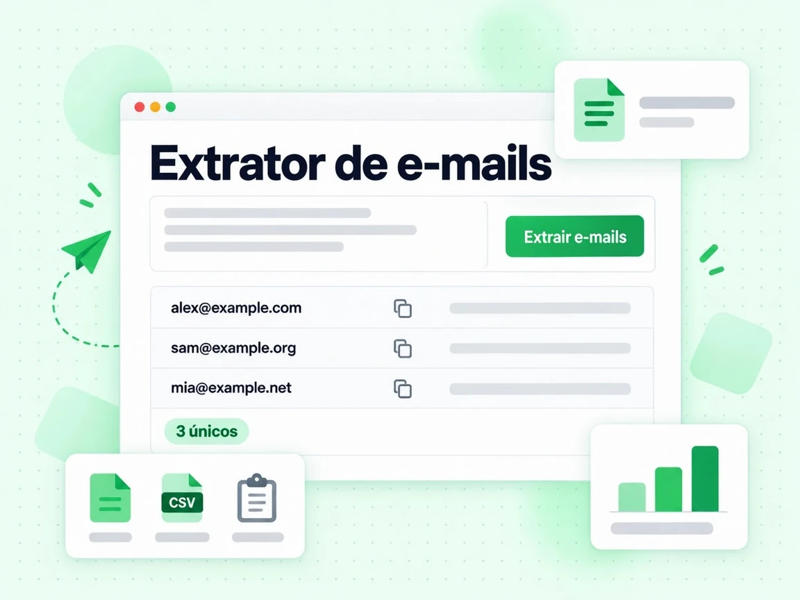 Extrator de e-mails com área de texto colado e três endereços extraídos, contador 3 únicos