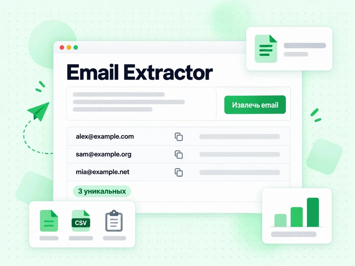 Область ввода Email Extractor с вставленным текстом и тремя найденными адресами