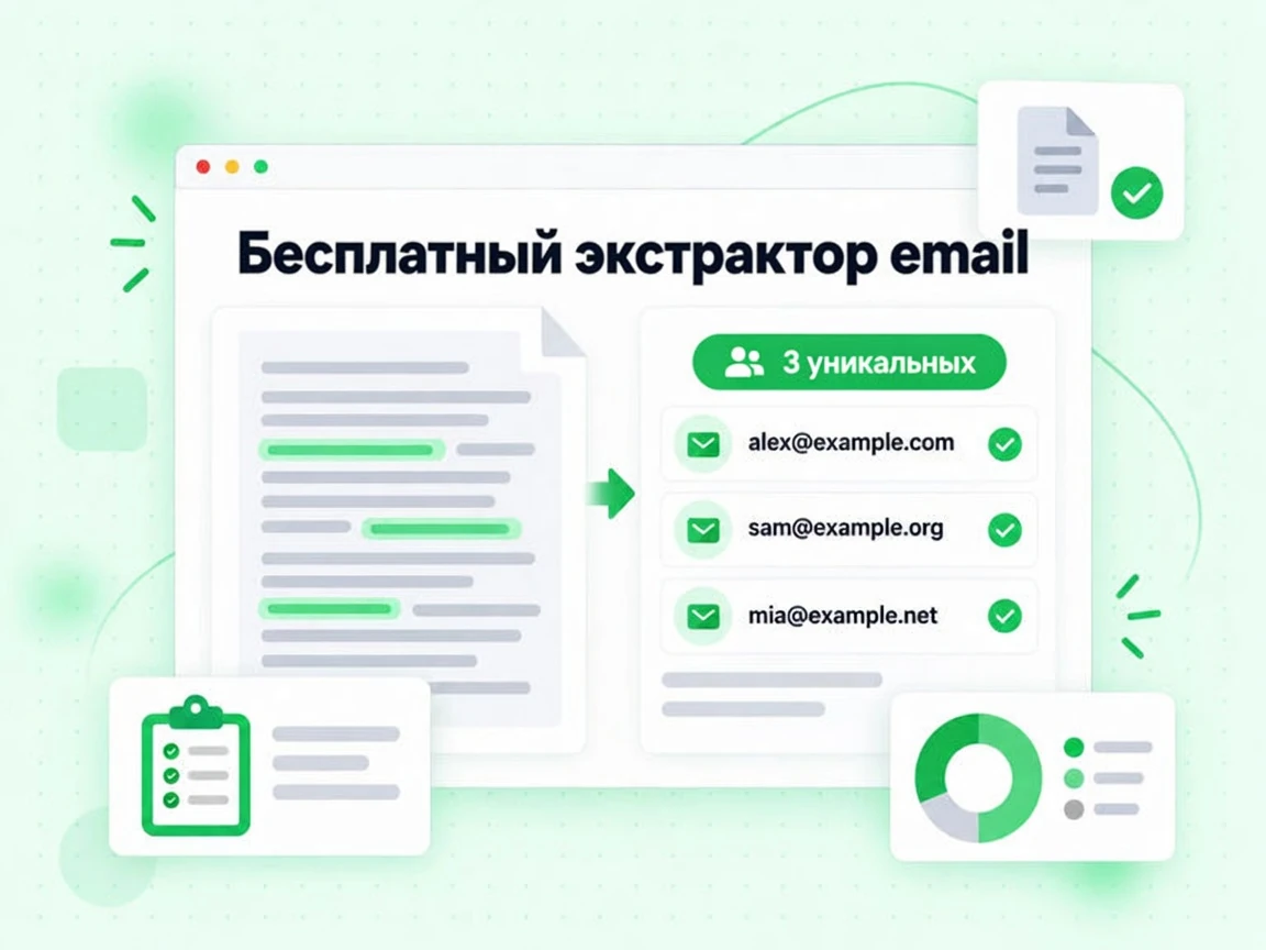 Бесплатный экстрактор email достаёт адреса из вставленного текста и загруженного файла