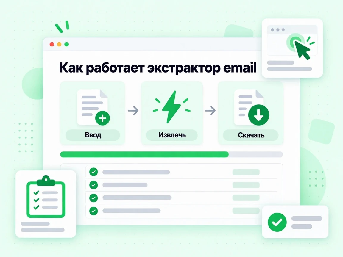 «Как работает экстрактор email»: этапы ввода, извлечения и скачивания