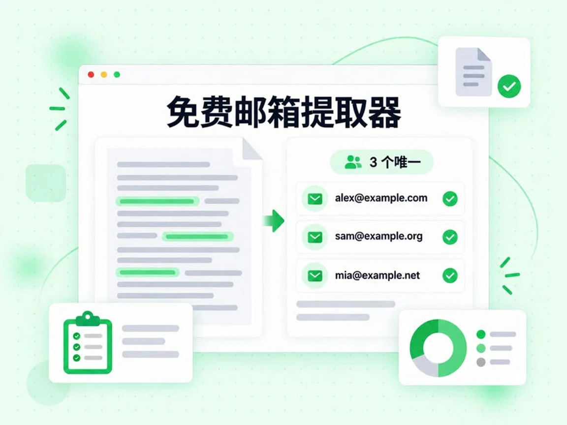 免费邮箱提取器正从粘贴文本和上传文件中抽出邮箱地址，结果标注 3 个唯一。