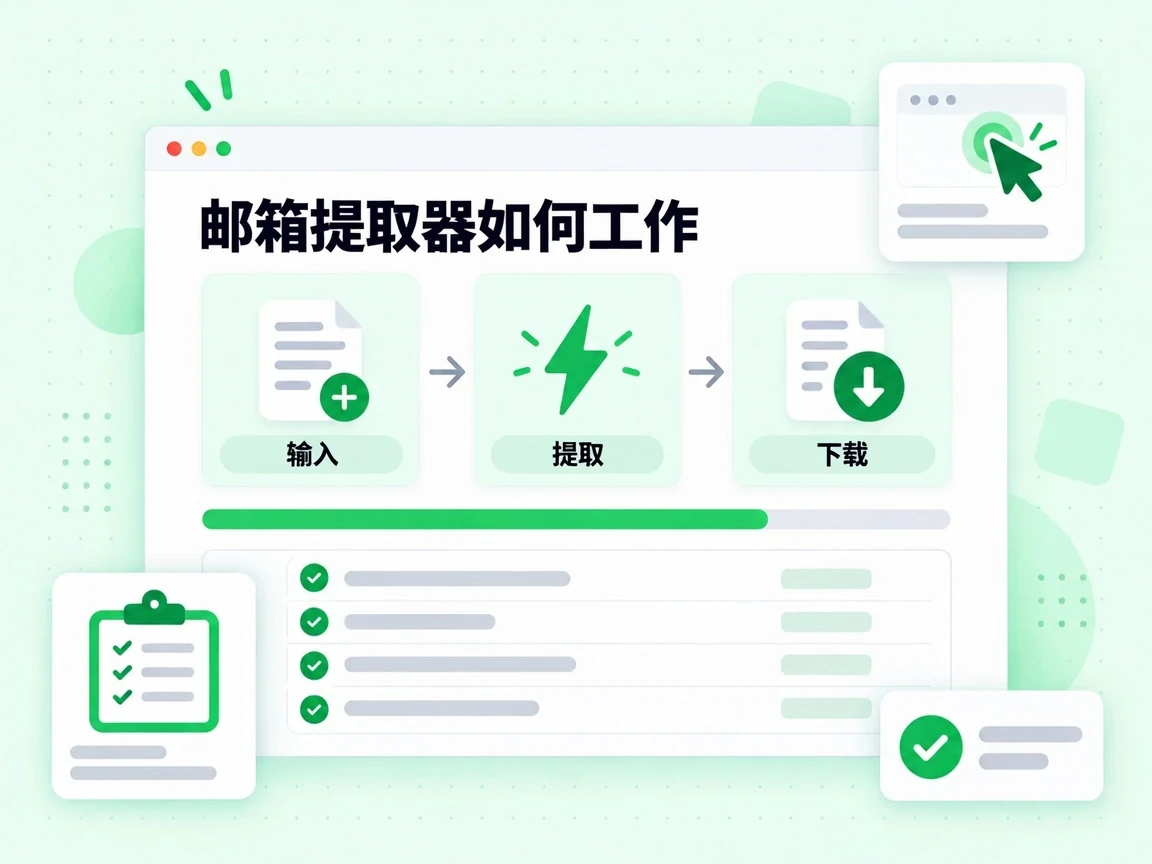 邮箱提取器如何工作按输入、提取、下载三个阶段展开。