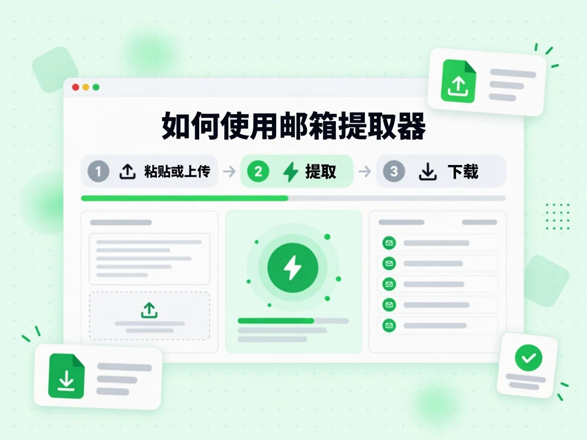 如何使用邮箱提取器分三步展示：粘贴或上传、提取、下载。